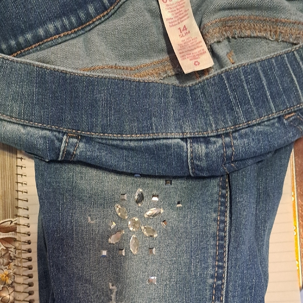 Blue Jeggings with Elastic Waistband and Rhinestone Details